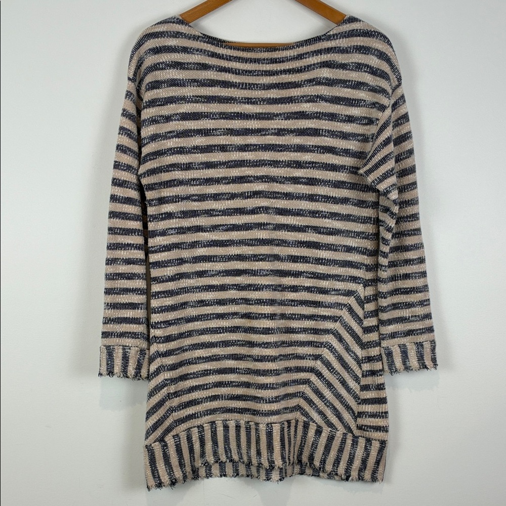 Soft Surroundings Women’s Medium Tunic Marina Beige Gray Striped Boatneck Cotton